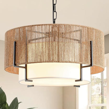 4-Light Rattan Chandelier, 19.7" Boho Pendant Light with Fabric Shade, Farmhouse Rattan Hanging Ceiling Light Fixture for Dining Room, Living Room, Kitchen Island, Bedroom, Hallway, Foyer