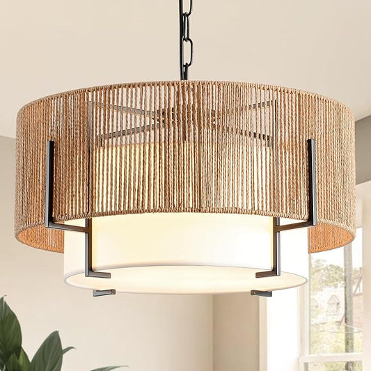 4-Light Rattan Chandelier, 19.7" Boho Pendant Light with Fabric Shade, Farmhouse Rattan Hanging Ceiling Light Fixture for Dining Room, Living Room, Kitchen Island, Bedroom, Hallway, Foyer