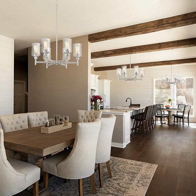 Brushed Nickel Chandelier | 6 Lights Farmhouse Chandeliers for Dining Room Light Fixtures Over Table | Hallway Lighting with Clear Glass Shade for Living Room | Kitchen | Entryway | Bedroom | Bathroom
