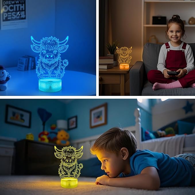 OkiyiD Highland Cow Gifts for Boys Girls,Highland Cow Night Light 3D Illusion lamp with 16 Colors Changing,Moo Decor for Kids Room Decor Birthday Gifts