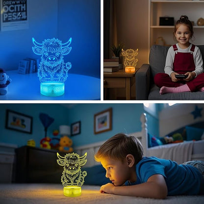OkiyiD Highland Cow Gifts for Boys Girls,Highland Cow Night Light 3D Illusion lamp with 16 Colors Changing,Moo Decor for Kids Room Decor Birthday Gifts