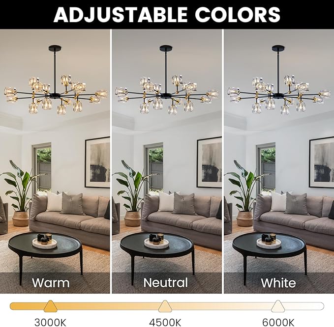 16-Light Black Crystal Chandelier Modern Sputnik Chandeliers for Dining Room Adjustable Height Sputnik Ceiling Light Fixture for Living Room Kitchen Island Bedroom