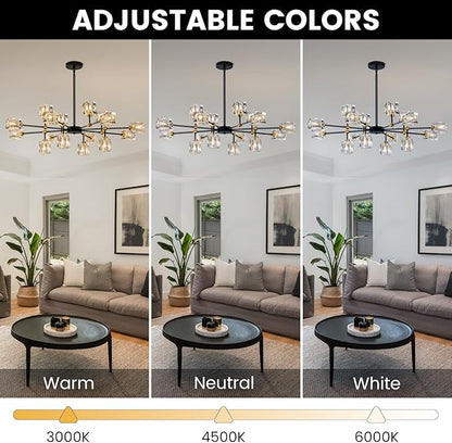 16-Light Black Crystal Chandelier Modern Sputnik Chandeliers for Dining Room Adjustable Height Sputnik Ceiling Light Fixture for Living Room Kitchen Island Bedroom