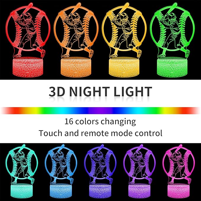 BASSI Baseball Gift 3D Night Light for Kids - 16 Colors & Flashing Modes with Remote Control Opreated Dimmable - Baseball Player Decor - Christmas Birthday Gifts for Boys Girls Sport Fans