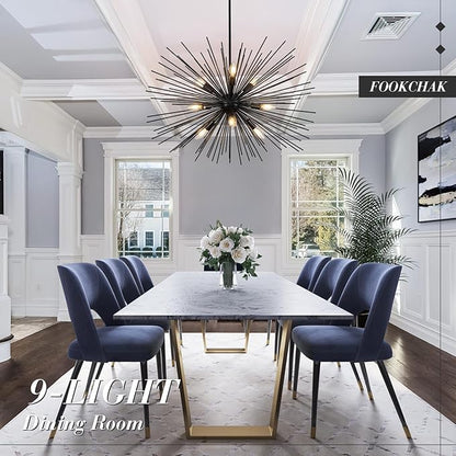 32in Black Sputnik Chandelier Solid Metal Starburst Chandelier Light Fixture 9-Light Mid-Century Modern Satellite Light Fixture for Living Room Dining Room Foyer Study Room Bathroom,E12