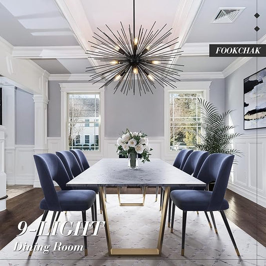 32in Black Sputnik Chandelier Solid Metal Starburst Chandelier Light Fixture 9-Light Mid-Century Modern Satellite Light Fixture for Living Room Dining Room Foyer Study Room Bathroom,E12