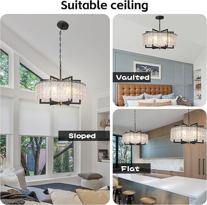 Modern Black Crystal Chandeliers for Dining Room, Elegant Chandelier Light Fixture for Kitchen Island, Water Ripple Glass, Drum Hanging Lights for Bar Table Entryway Foyer Hallway-24”