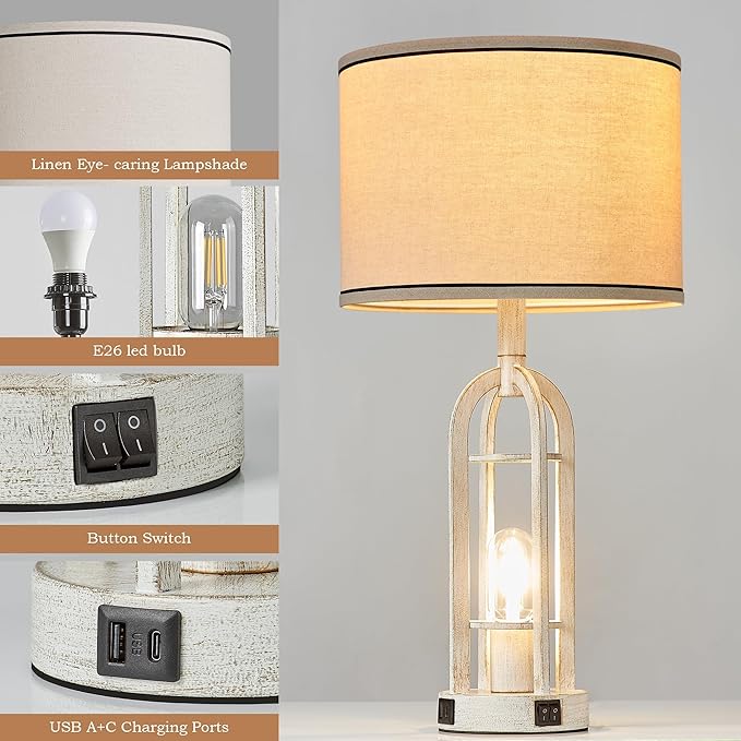SRJJA Farmhouse Table Lamps for Living Room Set of 2 - Rustic Industrial Lamps for Night Stands with Night Light & USB A+C, 24" Vintage Bedside Lamp for Bedroom, Bulbs Included
