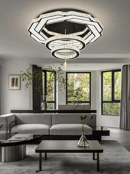 Flashing God Dia 32" Modern Crystal Chandelier Crystal Black Ceiling Light Fixtures LED Flush Mount Ceiling Light for Living Room Bedrooms Dining Room Dimmable 2700k- 6000k