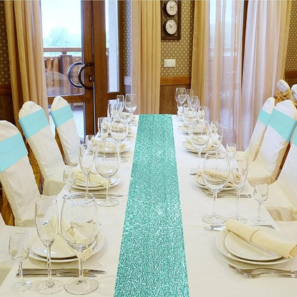 Newwiee 54 Pcs Light Blue Sequin Chair Sashes and Table Runners, 48 Sequin Chair Bows, 6 Glitter Table Runners for Birthday Party Wedding Banquet Holiday Decorations