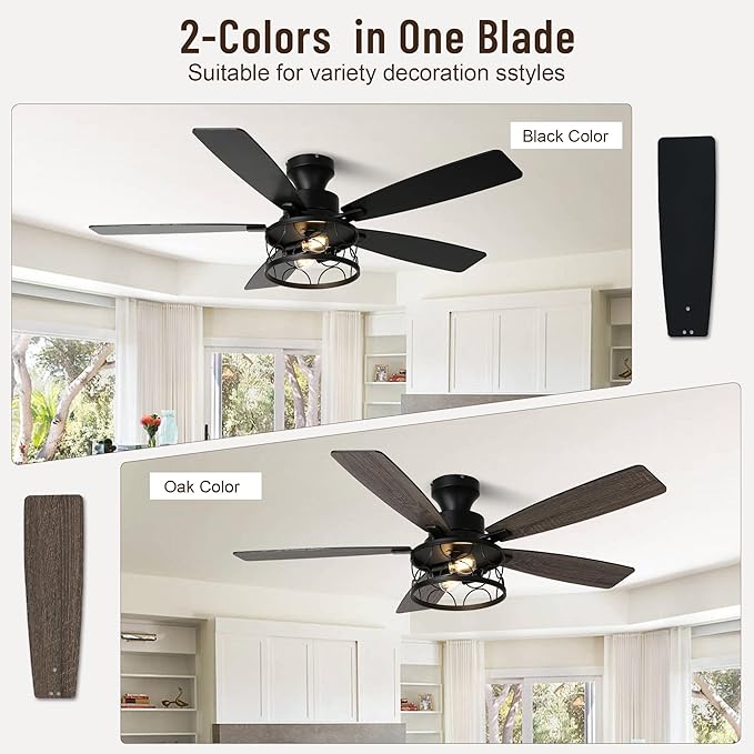 52'' Flush Mount Ceiling Fan with Light, Farmhouse Low Profile Ceiling Fan with Remote, 6-Speed Quiet Reversible DC Motor, 3 Clear Glass Lights, Timer Function, for Bedroom Living Room Kitchen