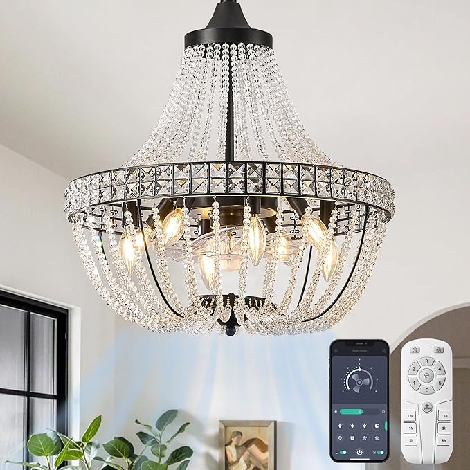 Modern Empire Crystal Chandelier Fan with 119 Square Crystal Accents, 64 Bead Strands, 7-Blade Invisible Fan, Ceiling Fan for Living Room, Bedroom, Dining Hall (Black, 20'' Modern Style)