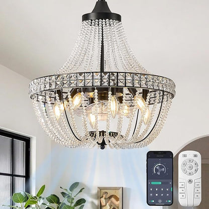 Modern Empire Crystal Chandelier Fan with 119 Square Crystal Accents, 64 Bead Strands, 7-Blade Invisible Fan, Ceiling Fan for Living Room, Bedroom, Dining Hall (Black, 20'' Modern Style)