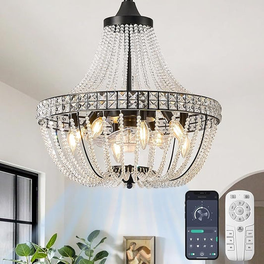Modern Empire Crystal Chandelier Fan with 119 Square Crystal Accents, 64 Bead Strands, 7-Blade Invisible Fan, Ceiling Fan for Living Room, Bedroom, Dining Hall (Black, 20'' Modern Style)