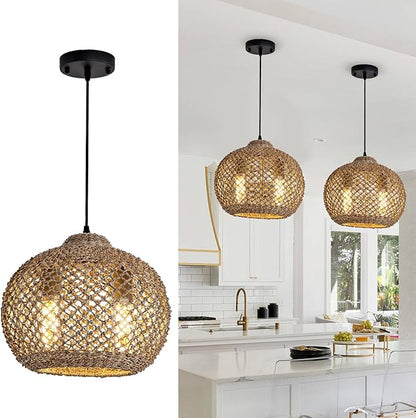 2-Light Rattan Pendant Light, Farmhouse Rattan Chandelier Boho Hand Woven Wicker Hanging Light Fixture for Kitchen Island Living Room Bedroom Dining Room Foyer