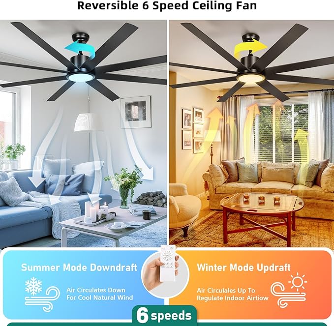 YITAHOME 72 Inch Ceiling Fans with Lights and Remote Control for Indoor, Reversible Quiet DC Motor, 8 Blades with 6 Speed, Modern Ceiling Fans for Living Room - Black