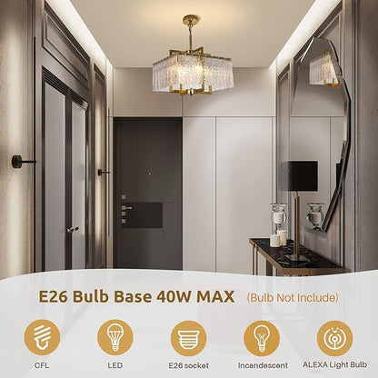 Modern Crystal Chandelier,16" Gold Chandeliers for Dining Room with Water Ripple Glass, Adjustable Height, 4-Light Square Pendant Light Fixture for Kitchen Island Entryway Foyer Hallway