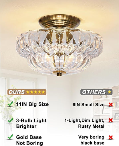 Semi Flush Mount Ceiling Light,11IN Vintage Gold Hallway Lights Fixture,3-Bulb Globe Clear Glass Close to Ceiling Light for Bathroom, Hallway, Dining Room,Bulb Not Included