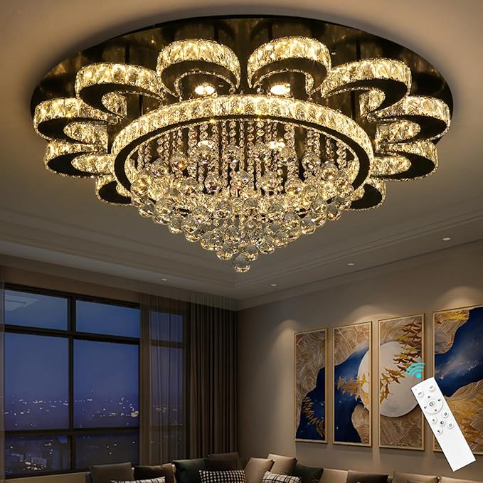 HAIXIANG Modern Chandelier Living Room Light Glam Chandeliers Ceiling Light Fixture Remote Dimmable Lights 40 Inches Luxury Crystal Black Dining Room Lights