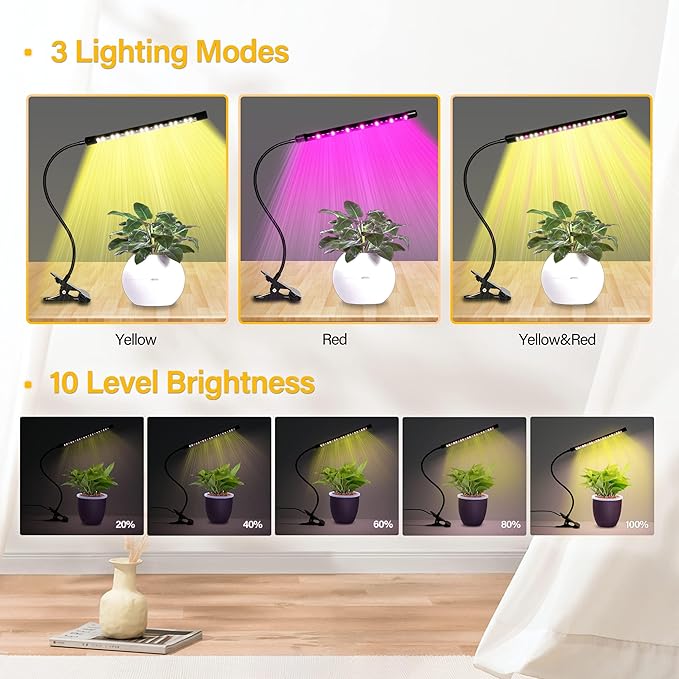 iPower Full Spectrum LED Grow Light for Indoor Plant, Clip Growing Lamp with 3 Light Modes&10 Dimmable Levels, Auto On Off Timing 6 9 12Hrs, Red&Blue+Yellow
