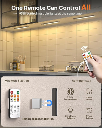 16inch Under Cabinet Lighting with Remote, LED Motion Sensor Light Indoor, 4000mAh Rechargeable Closet Lights, 3 Color Temps Wireless Under Counter Lights for Kitchen, Pantry, Stair, 2 Pack