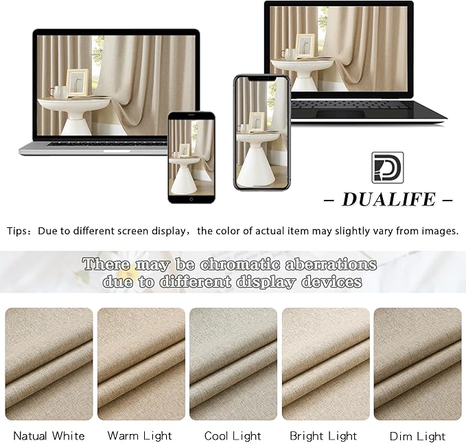 DUALIFE Taupe Linen Curtain 84 Inches Long for Bedroom/Living Room Thermal Insulated Sun Block Out Back Tab and Rod Pocket Dining Room Curtains Drapes 2 Panels - Taupe Tan,W50 x L84