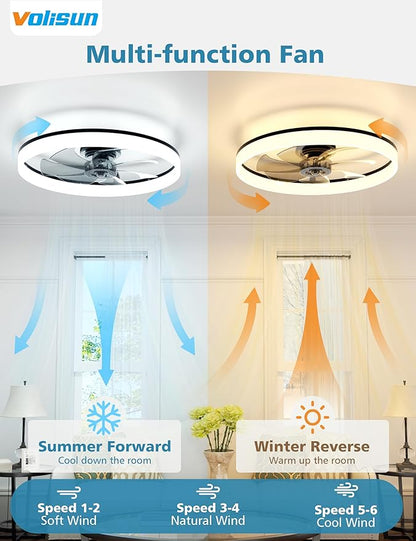 VOLISUN Low Profile Ceiling Fans with Lights and Remote, 24in Fandelier Ceiling Fan with Light, 3000K-6500K Dimmable Bladeless LED Fan Light, Black Flush Mount Ceiling Fans with Lights for Bedroom