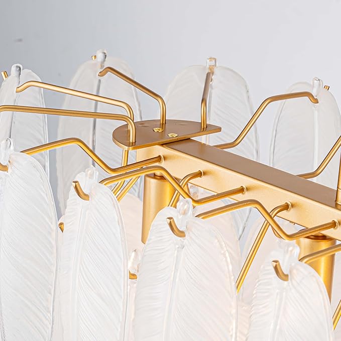 LumFurn 10-Light Glass Linear Chandeliers, Modern Design Island Light Fixture for Dining Room, Kitchen Island, L32xW12xH19~50 Inch(Adjustable Height), Glass Feather Shade & Brass Finish