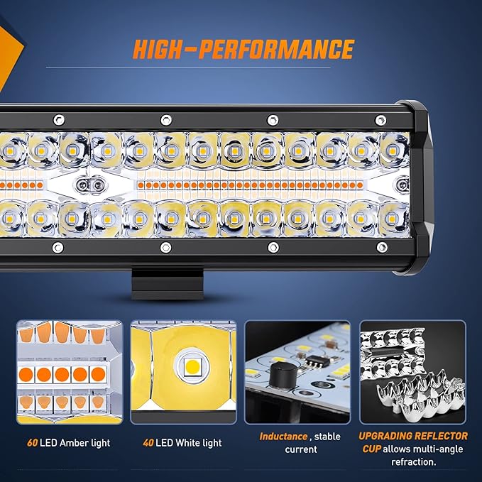 Nilight 12Inch 300W LED Light Bar 2PCS 4Inch 60W Light Pods Amber White Strobe 6 Modes Memory Function Reset Function Off Road Truck with 16AWG Wiring Harness Kit-3 Leads, 2 Years Warranty