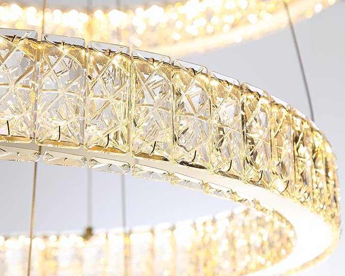 Modern Crystal Chandelier 55W Dimmable LED Chandeliers with Remote Luxury Height Adjustable Pendant Lighting for Living Room Dining Room Silver