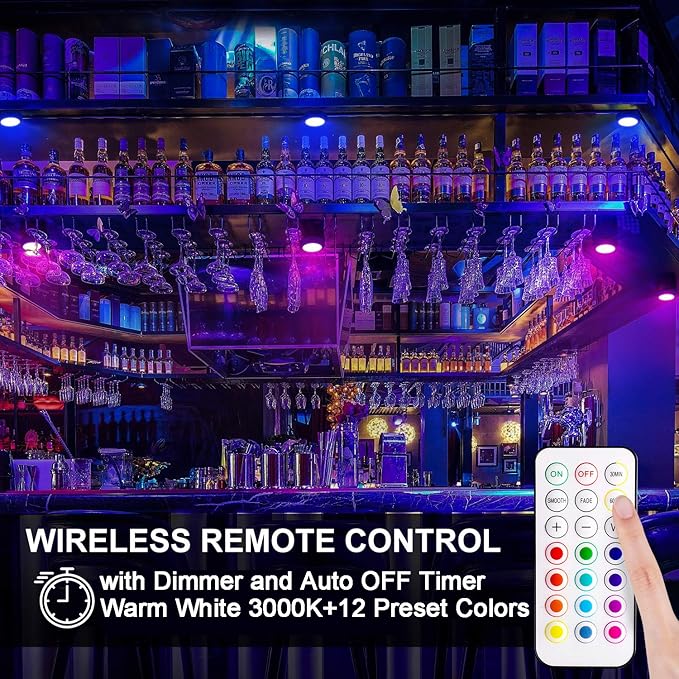 BLS LED Puck Lights with Remote Control, Wireless Under Cabinet & Closet Lighting, RGB 13 Color Changing Lights with Dimmer, Timer & AA Battery Operated, Push, Touch, Stick on for Night, White, 6 Pack