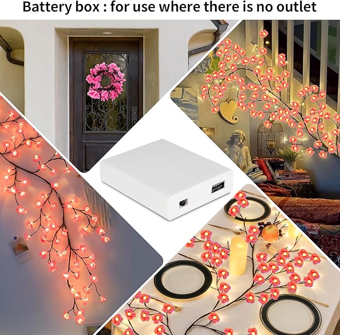 FNHMSL Cherry Enchanted Willow Vine Lights, 6FT 96LED Pink Cherry Blossom Tree Branch Lights for Wall, Remote Timer,8 Light Model,Bedroom Wall Doors Wedding, Christmas, USB Battery Box