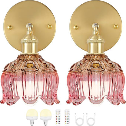 Vintage Battery Wall Sconce with Flower lampshade,Rechargeable Battery Powered Wall Lights,Wall lamp with 15 Colors for Bedroom Living Room Home Decor (Flower Pink, 2 Light Battery Operated)