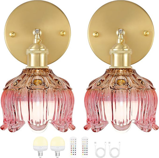 Vintage Battery Wall Sconce with Flower lampshade,Rechargeable Battery Powered Wall Lights,Wall lamp with 15 Colors for Bedroom Living Room Home Decor (Flower Pink, 2 Light Battery Operated)