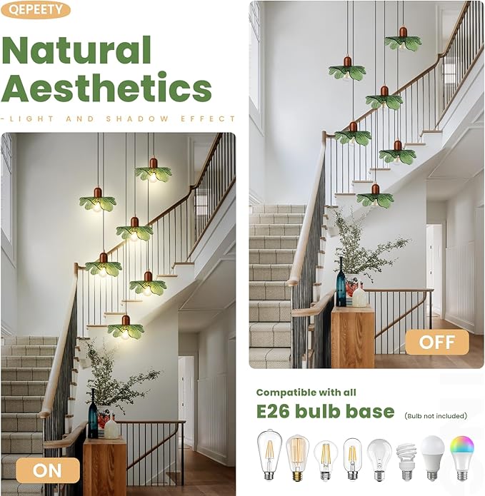 Long Chandelier for High Ceilings Flower Pendant Light 6-Lights Modern Black Chandelier Green Hanging Flush Mount Lighting Fixtures for Spiral Staircase Foyer Entryway Living