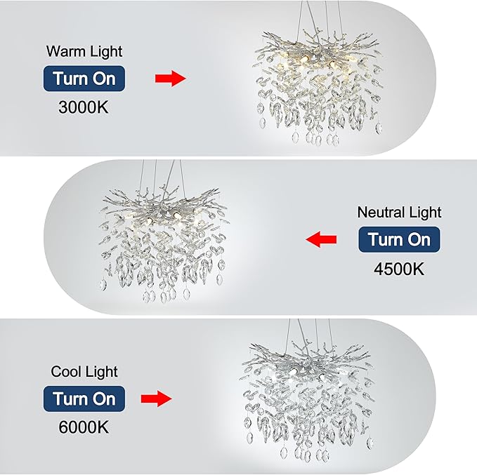 Modern Crystal Tree Branches Chandelier, 18in Silver 6 Lights Large Ceiling Hanging Light for Dining Room, Round Raindrop Pendant Light Fixture