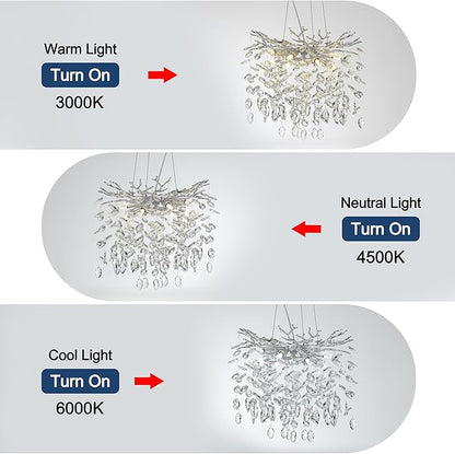 Modern Crystal Tree Branches Chandelier, 18in Silver 6 Lights Large Ceiling Hanging Light for Dining Room, Round Raindrop Pendant Light Fixture