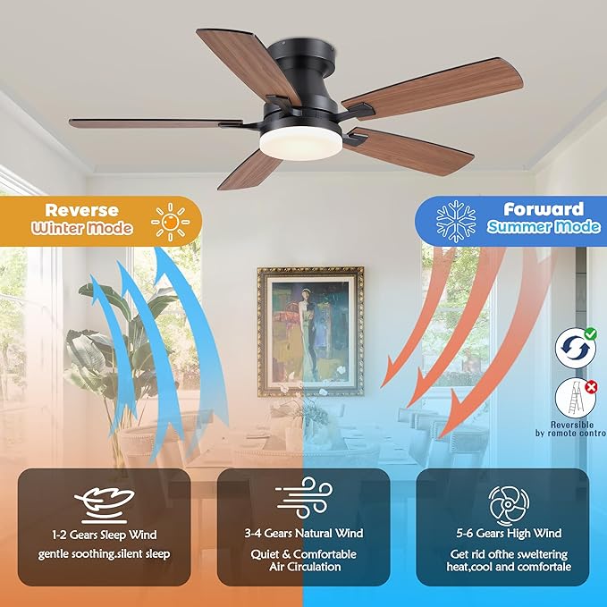 Ceiling Fans with Lights, 48 Inch Ceiling Fan with Light And Remote/APP,Low Profile Ceiling Fan with Light,DC Reversible,6 Speed Noiseless LED Ceiling Fan,Brown Small Ceiling Fan for Bedroom