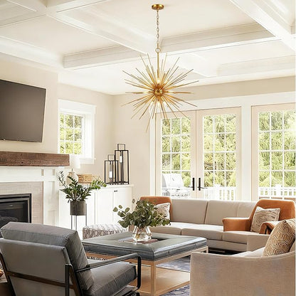 Untrammelife 33in Modern Gold Sputnik Chandelier, 9-Light Starburst Pendant Light Fixture, Mid-Century Firework Ceiling Fixture for Entryway, Dining Room, Living Room, Bedroom, Kitchen