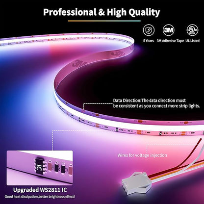 PAUTIX RGB Smart IC COB LED Strip Light IP65 Waterproof Addressable 24ft/7.5m,720LEDs/m UL-Listed 24V Chasing Color Strip Light Color Changing Flexible Tape Light(Without Controller&Adapter)