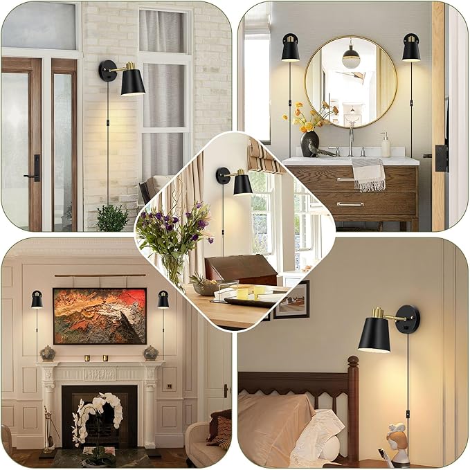 Lomoky Plug in Wall Sconces Set of 2, Dimmable Wall Lights with Plug in Cord and Dimmer On/Off Knob Switch, Adjustable Angle Black Wall Mounted Lamp for Bedside Bedroom Living Room (2 Bulbs Included)