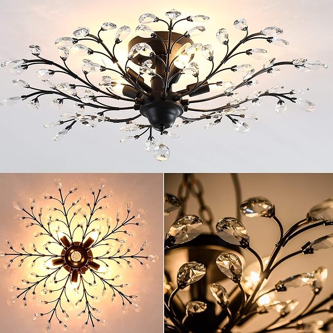 Garwarm 5 Lights Vintage Crystal Chandeliers Ceiling Lights LED Light K9 Clear Crystal Pendant Lighting Ceiling Light Fixtures Chandeliers Lighting for Living Room Bedroom Restaurant Porch (Black)