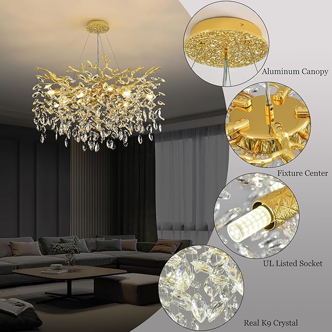 Tree Branch Chandelier Modern Crystal Pendant Light, Luxury Gold Art Deco Raindrop Lighting Fixture for Dining Room Bedroom Living Room 10 Lights D30''