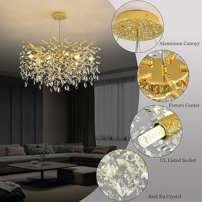 Tree Branch Chandelier Modern Crystal Pendant Light, Luxury Gold Art Deco Raindrop Lighting Fixture for Dining Room Bedroom Living Room 10 Lights D30''