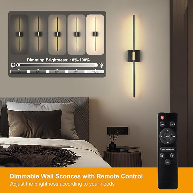 Morauroral 30 Inch Battery Operated Wall Sconces Set of Two, Dimmable Wall Sconces with Remote Control, Black Gold Rechargeable Sconces, LED Sconce Wall Light for Bedroom, Living Room, Bathroom
