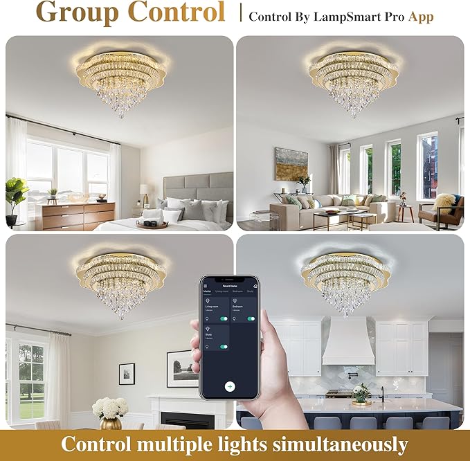 Gold 30" Modern Flush Mount Chandelier for Living Room, LED Crystal Ceiling Light for Bedroom,Elegant Dining Room Lighting Fixture with Remote Control, 3CCT Dimmable