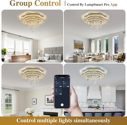 Gold 30" Modern Flush Mount Chandelier for Living Room, LED Crystal Ceiling Light for Bedroom,Elegant Dining Room Lighting Fixture with Remote Control, 3CCT Dimmable