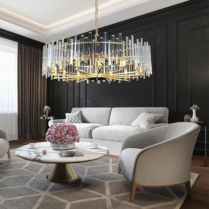 Gold Crystal Chandeliers for Dining Room, 39.4" Modern Round Chandelier Large Adjustable Height Ceiling Hanging Pendant Light Fixture for Dining Living Room Bedroom