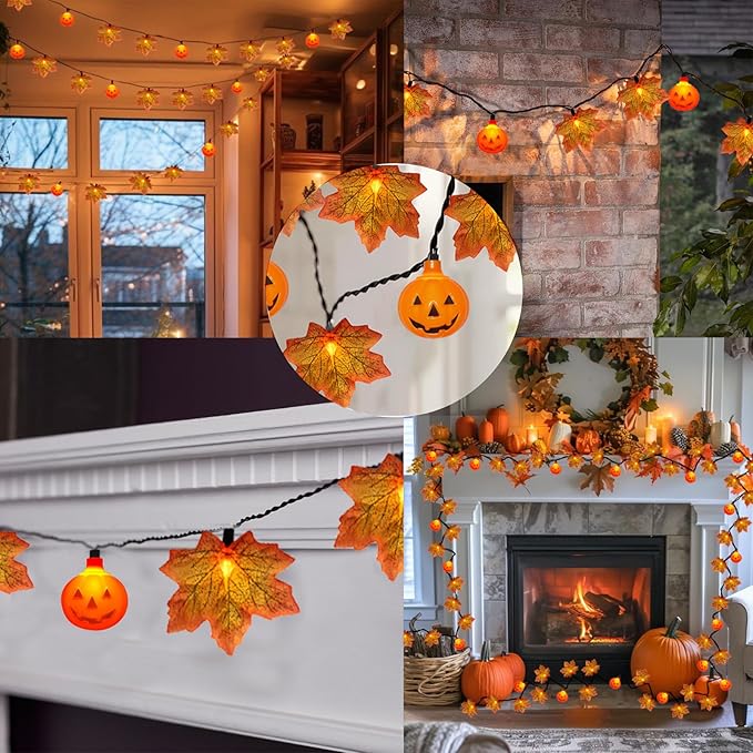 13.6Ft Fall Decor Maples Leaf Pumpkin String Lights, Hanging Outdoor Thanksgiving Decorations Lights with 25 Maple Leaves Light and 10 Pumpkin Lights for Thanksgiving Harvest Halloween Porch Window
