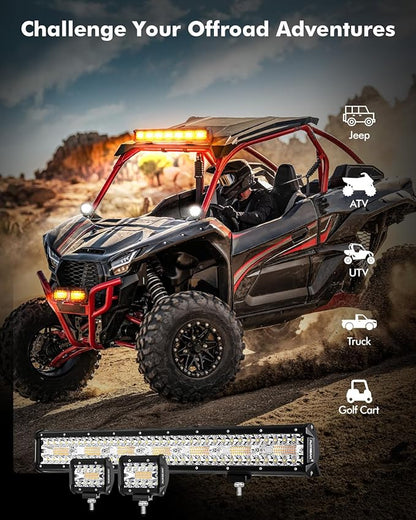 Auxbeam 6 Modes Amber White Series, 4" LED Pods with 20" LED Light Bar Combo Set, Dual Color Strobe Flash/Warning/Signal Spot Flood Combo Auxiliary Offroad Fog Lights, 3 Packs